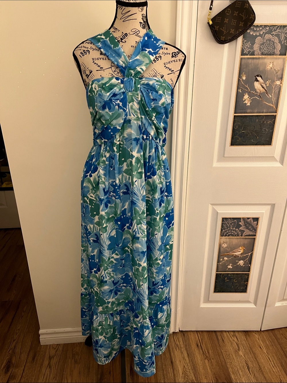 Grace Karin Blue and Green Floral Twist-Halter Maxi Dress